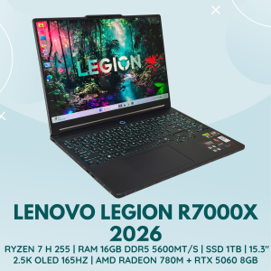 LENOVO LEGION R7000X 2026 | AMD RYZEN 7 H 255 | RAM 16GB DDR5 5600MT/S | SSD 1TB | 15.3 INCH 2.5K OLED 165HZ | AMD RADEON 780M + NVIDIA GEFORCE RTX 5060 8GB